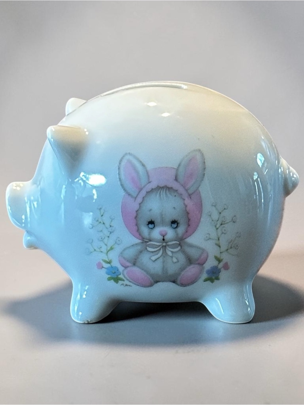 Enesco Precious Moments White Ceramic Piggy Bank with Pink Easter Bunny